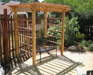 Pergolas and benches are examples of hardscapes